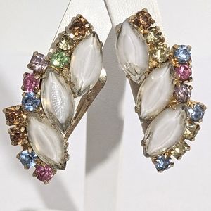 Vintage Multi Color Rhinestone Gold Tone Clip Earrings